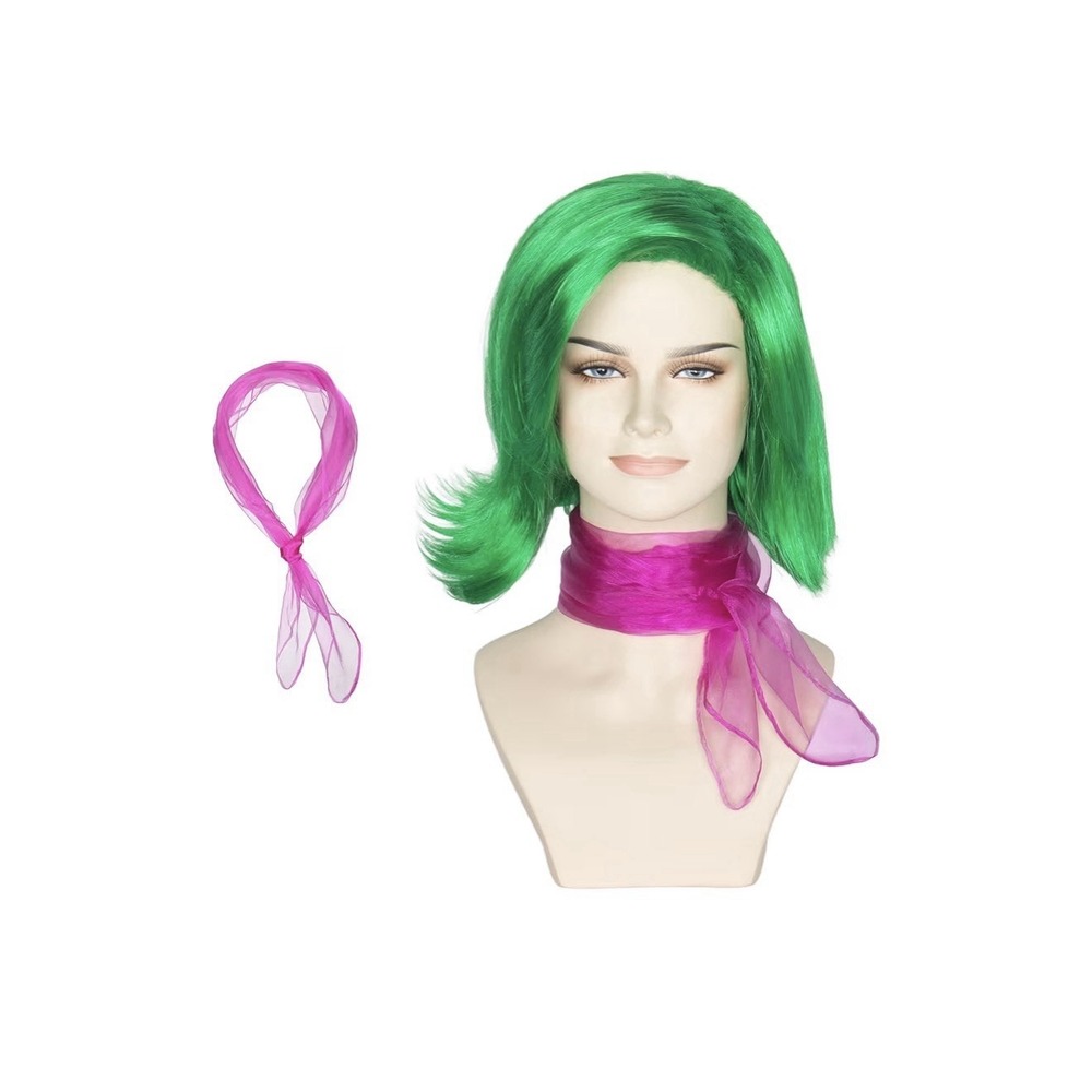 Green Costume Wig with Pink Sheer Scarf Cosplay Halloween Party